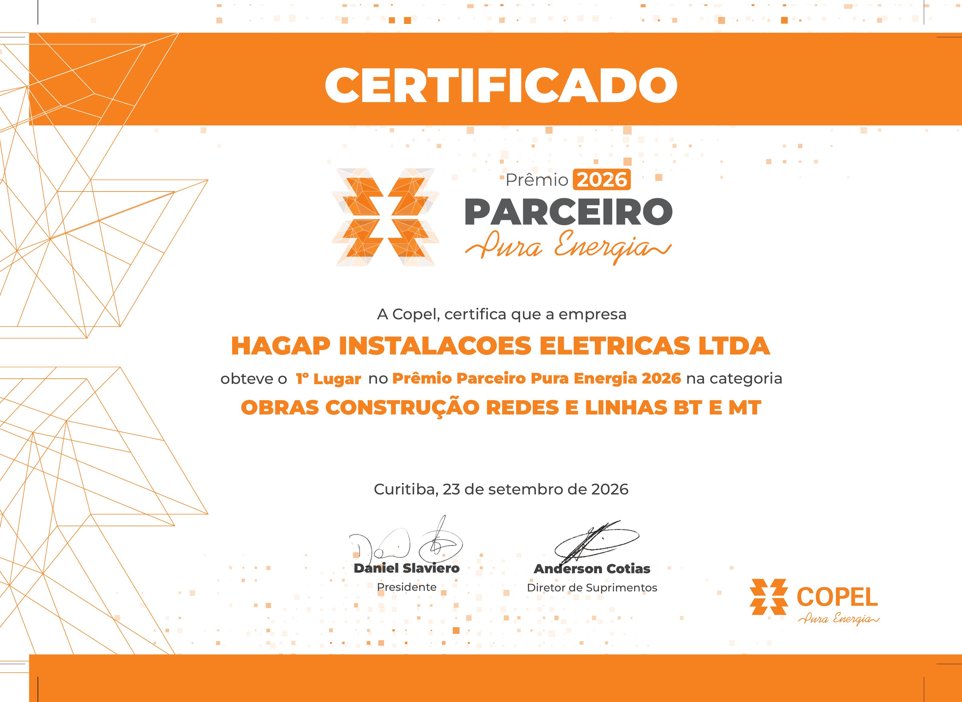Certificado da Copel concedendo o 1º lugar à Hagap no Prêmio Parceiro Pura Energia 2026, na categoria Obras Construção Redes e Linhas BT e MT