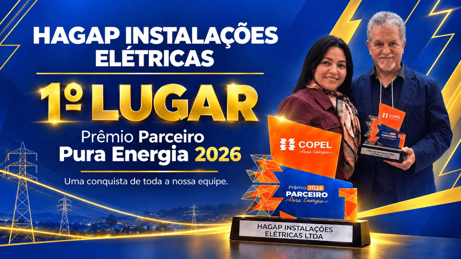 Representantes da Hagap com o troféu de 1º lugar do Prêmio Parceiro Pura Energia 2026
